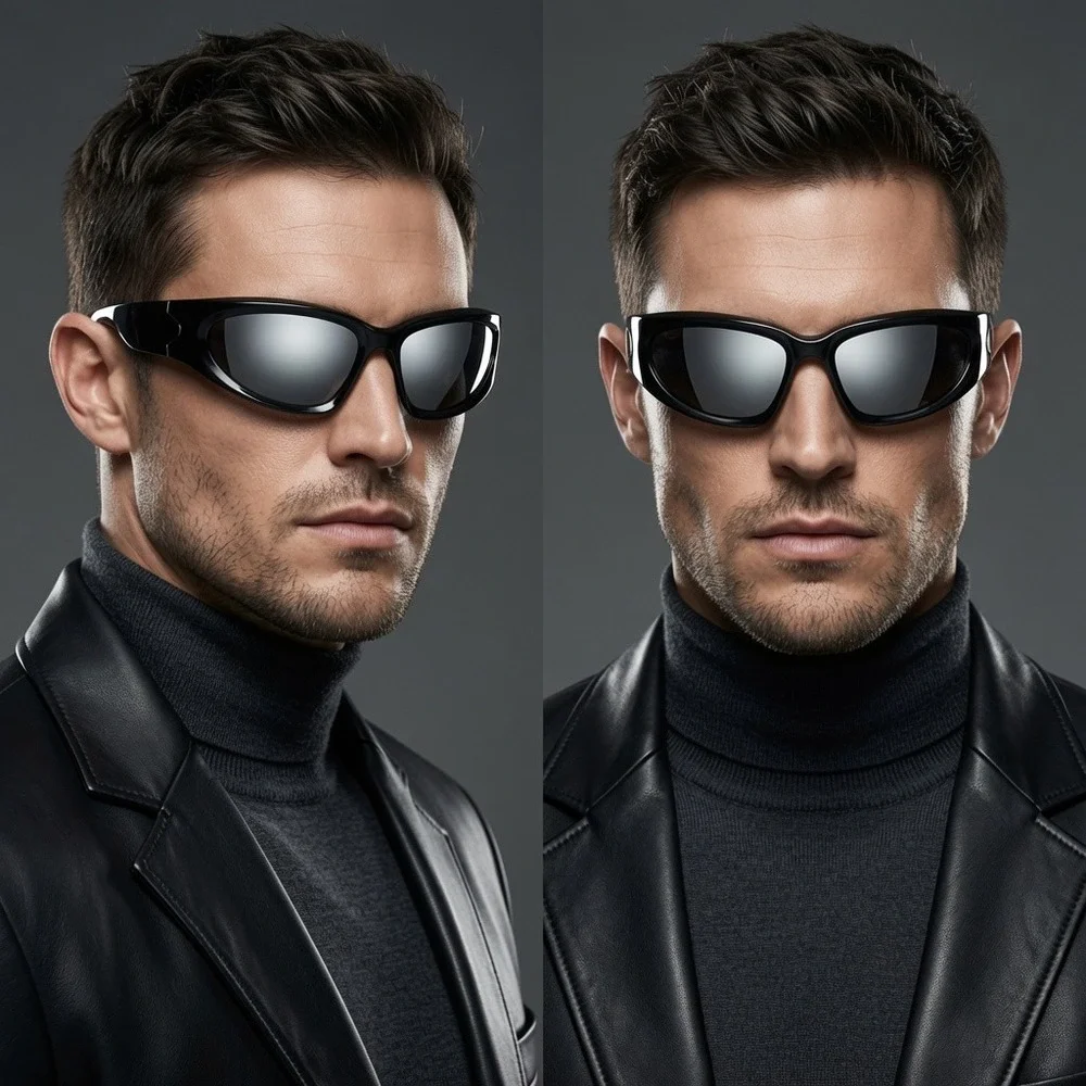 Mens‎ Black Oval Wrap Around Sunglasses Silver Mirror Lens Y2K Futuristic Shades